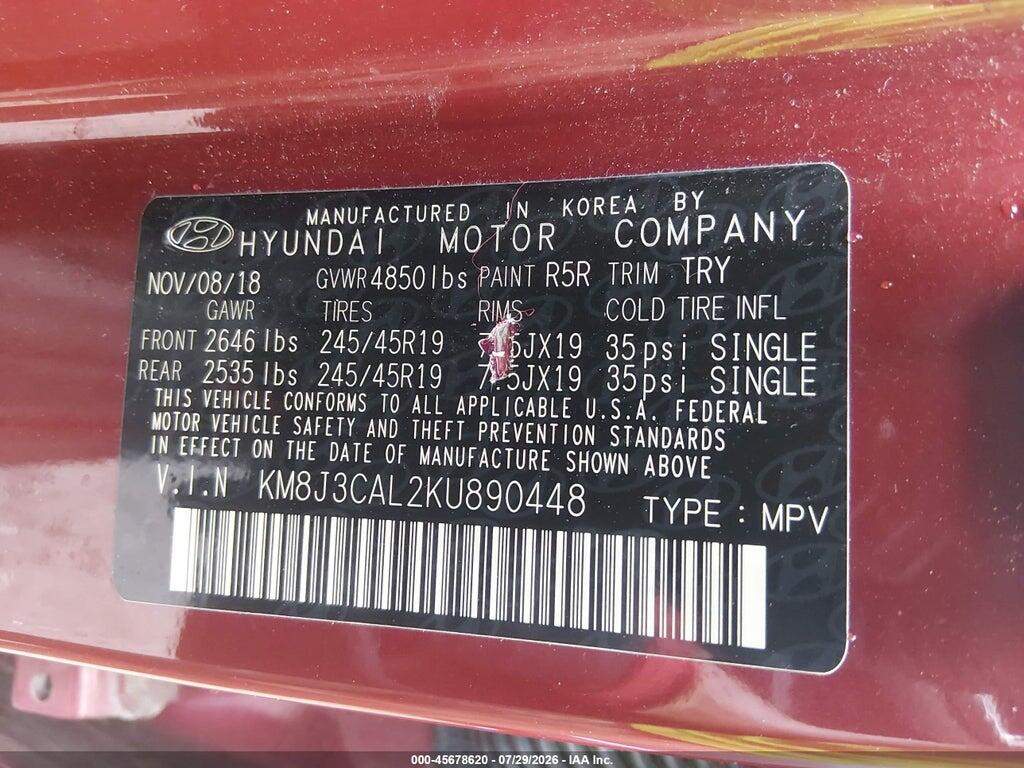 KM8J3CAL2KU890448 2019 HYUNDAI TUCSON photo no. 9