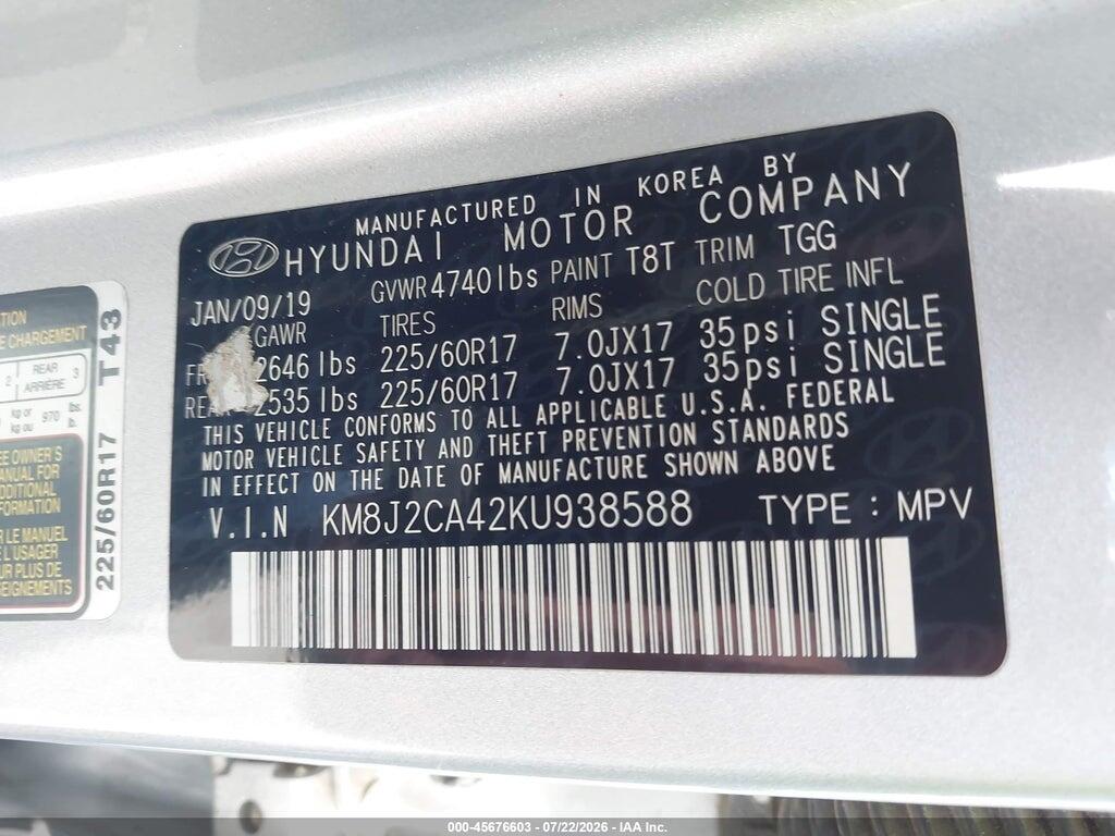 KM8J2CA42KU938588 2019 HYUNDAI TUCSON photo no. 9