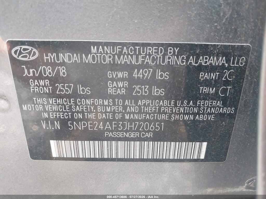 5NPE24AF3JH720651 2018 HYUNDAI SONATA photo no. 9