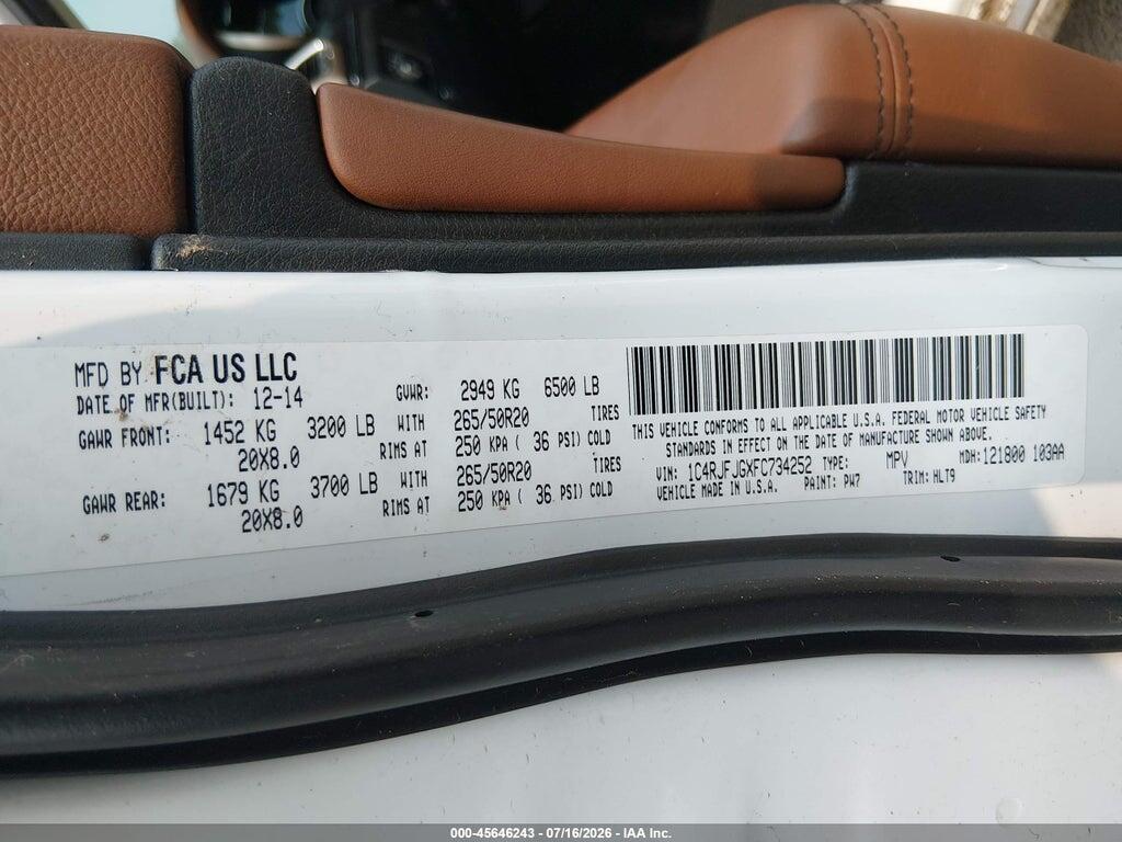 1C4RJFJGXFC734252 2015 JEEP GRAND CHEROKEE photo no. 9