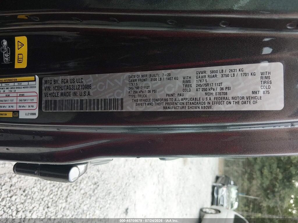 1C6HJTAG3LL210986 2020 JEEP GLADIATOR photo no. 9
