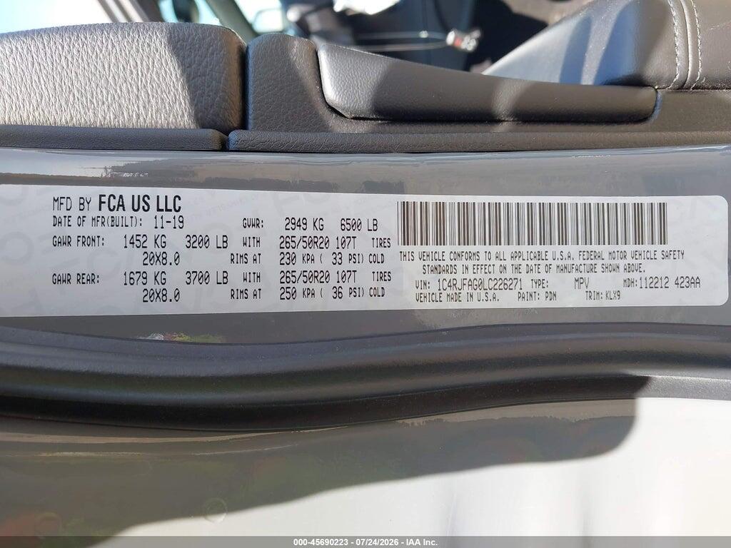 1C4RJFAG0LC226271 2020 JEEP GRAND CHEROKEE photo no. 9