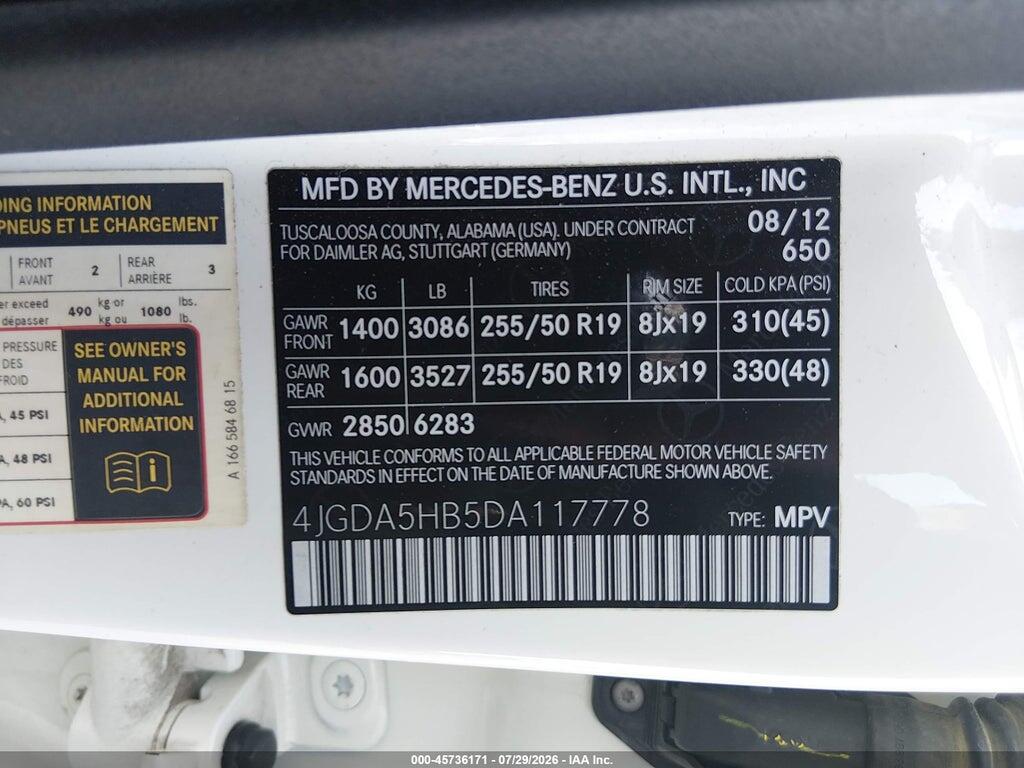 4JGDA5HB5DA117778 2013 MERCEDES-BENZ ML 350 photo no. 9