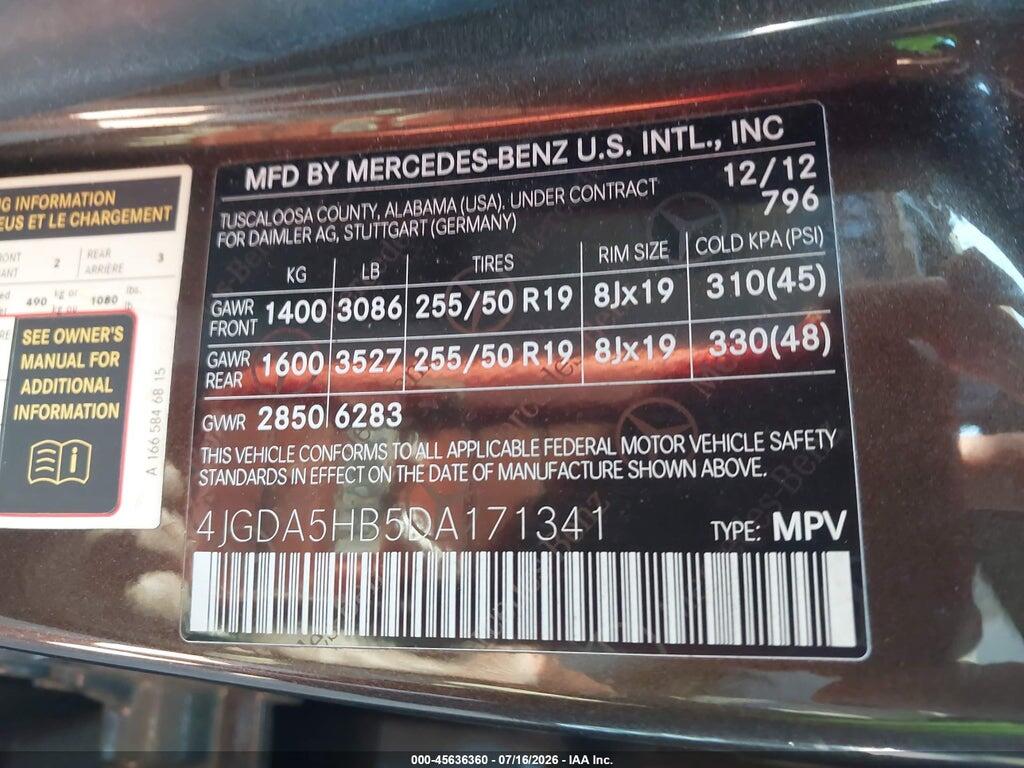 4JGDA5HB5DA171341 2013 MERCEDES-BENZ ML 350 photo no. 9