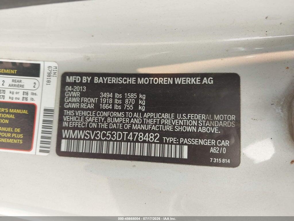 WMWSV3C53DT478482 2013 MINI HARDTOP photo no. 9