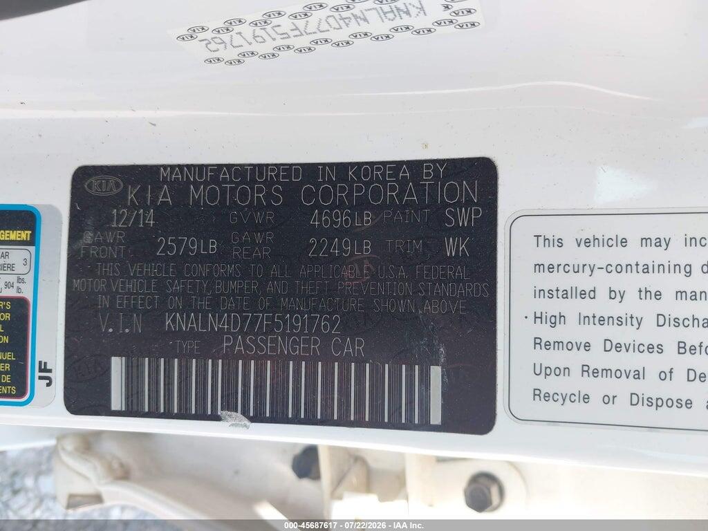 KNALN4D77F5191762 2015 KIA CADENZA photo no. 9