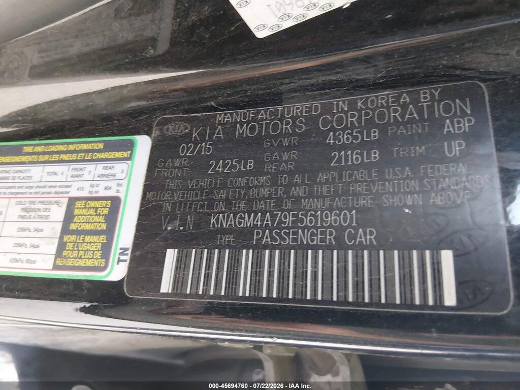 KNAGM4A79F5619601 2015 KIA OPTIMA photo no. 9