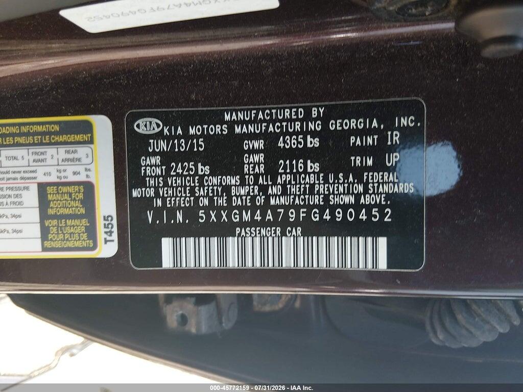5XXGM4A79FG490452 2015 KIA OPTIMA photo no. 9