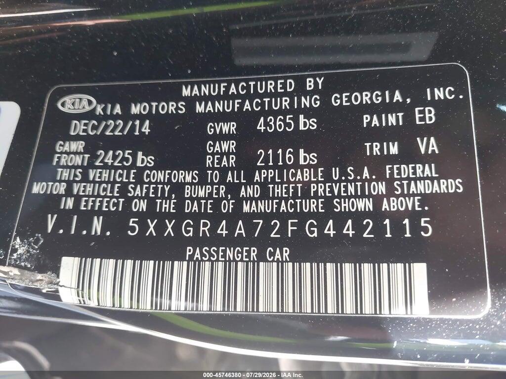 5XXGR4A72FG442115 2015 KIA OPTIMA photo no. 9