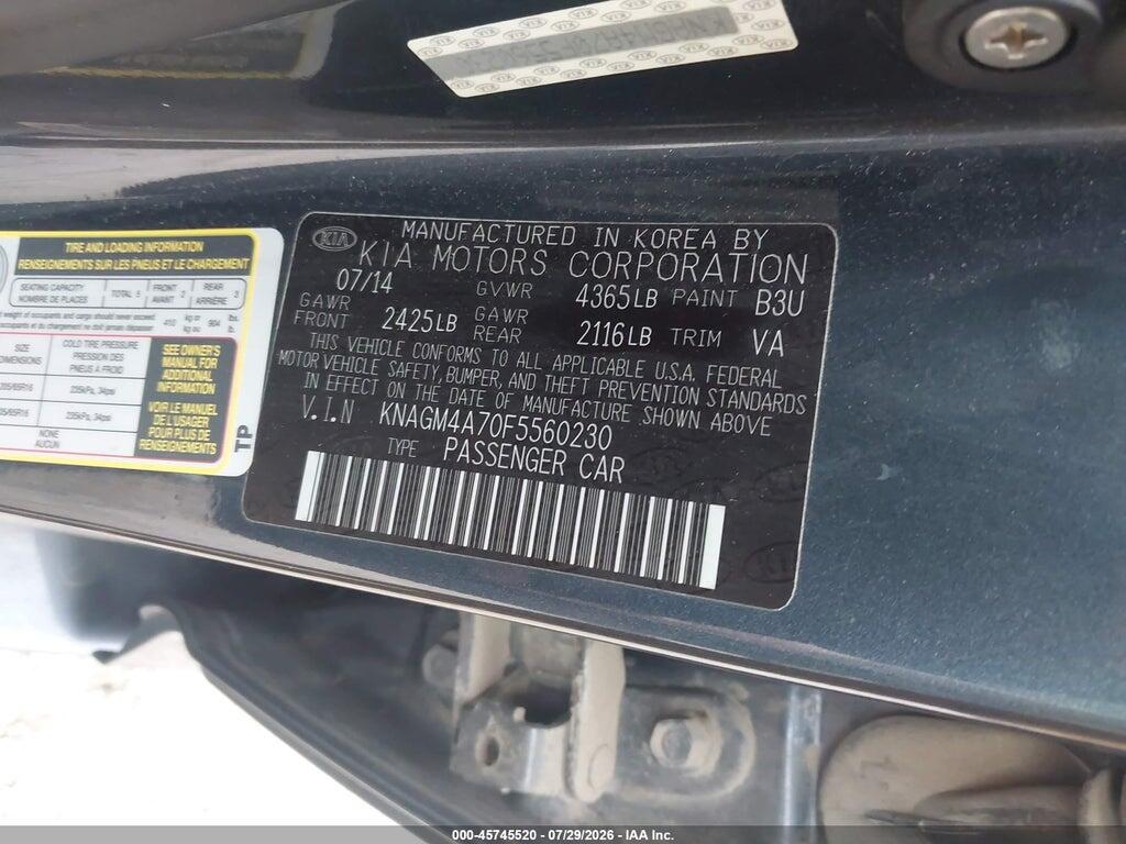 KNAGM4A70F5560230 2015 KIA OPTIMA photo no. 9