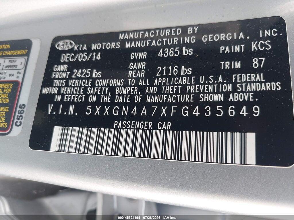 5XXGN4A7XFG435649 2015 KIA OPTIMA photo no. 9