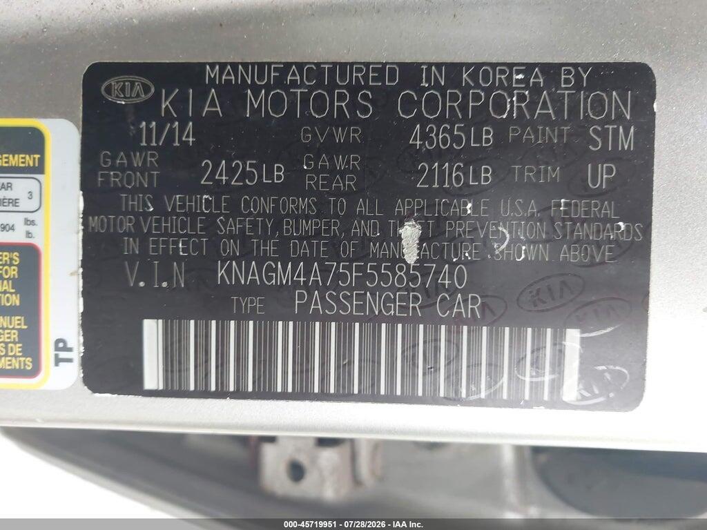 KNAGM4A75F5585740 2015 KIA OPTIMA photo no. 9