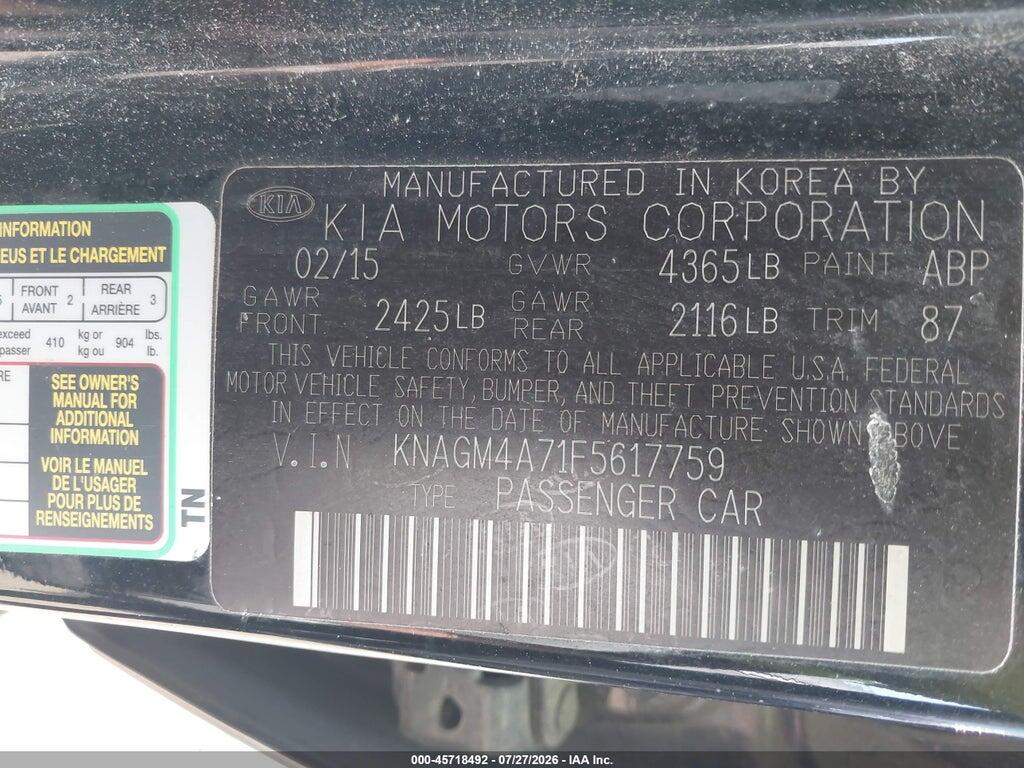 KNAGM4A71F5617759 2015 KIA OPTIMA photo no. 9