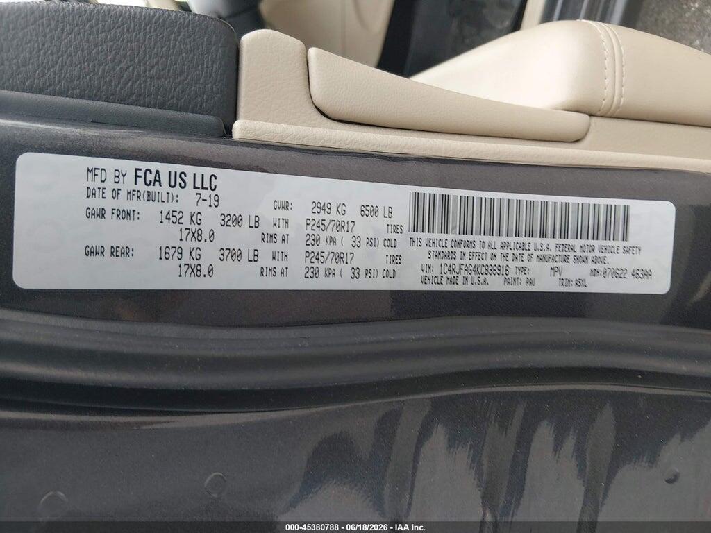 1C4RJFAG4KC836916 2019 JEEP GRAND CHEROKEE photo no. 9