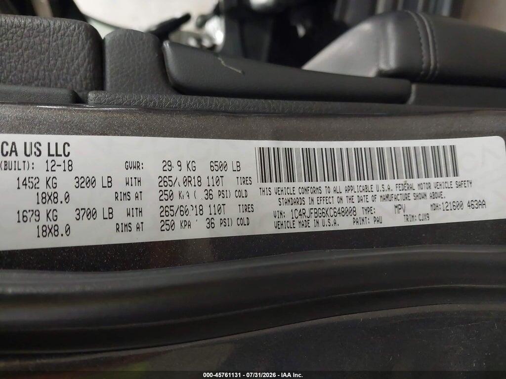 1C4RJFBG6KC648008 2019 JEEP GRAND CHEROKEE photo no. 9