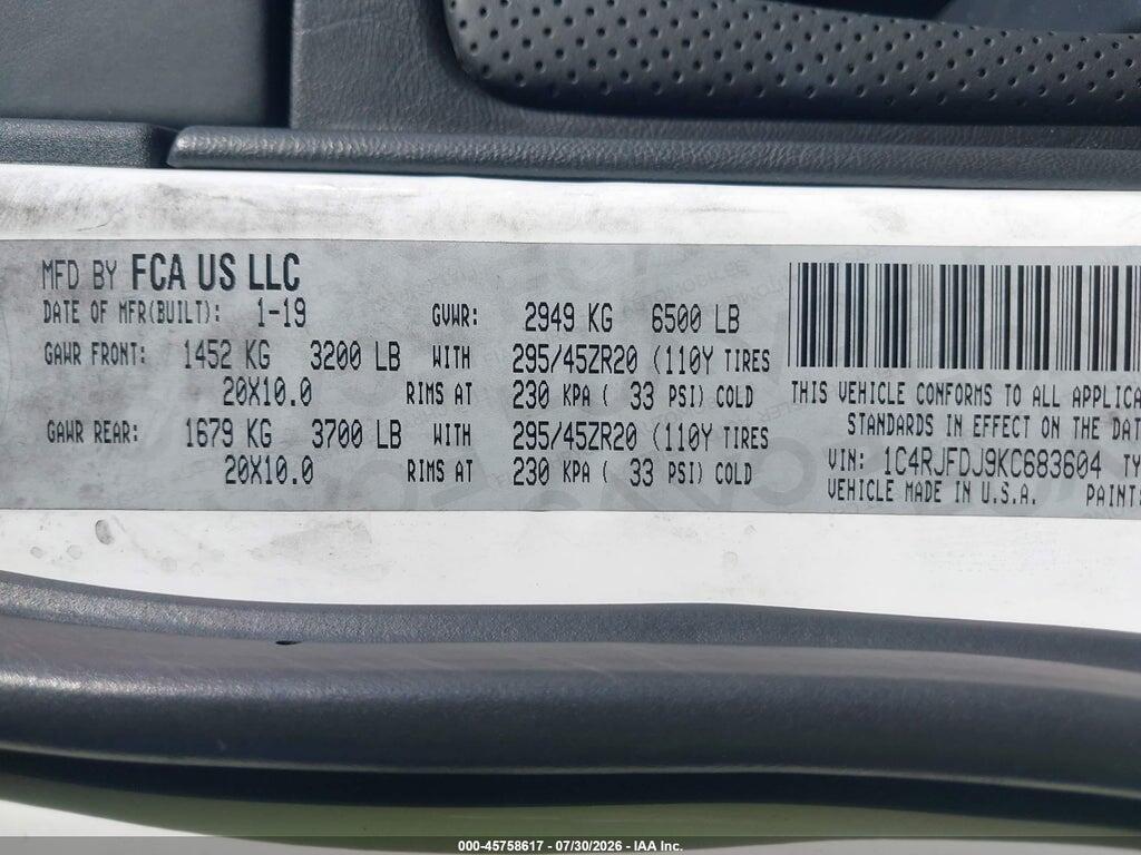 1C4RJFDJ9KC683604 2019 JEEP GRAND CHEROKEE photo no. 9