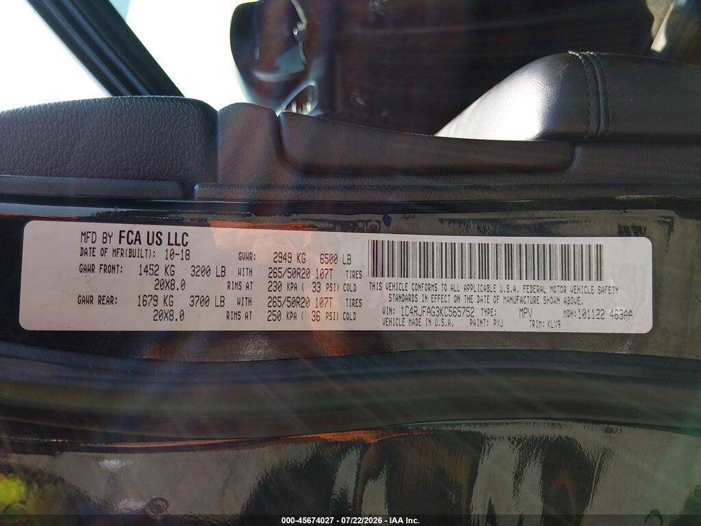 1C4RJFAG3KC565752 2019 JEEP GRAND CHEROKEE photo no. 9