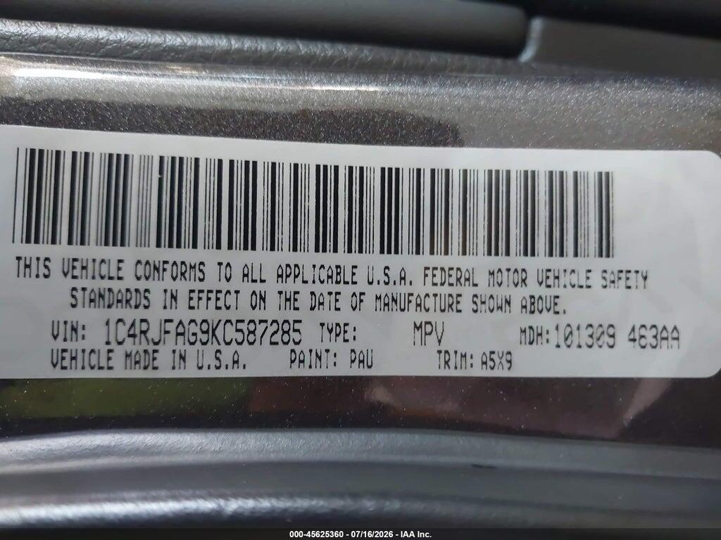 1C4RJFAG9KC587285 2019 JEEP GRAND CHEROKEE photo no. 9