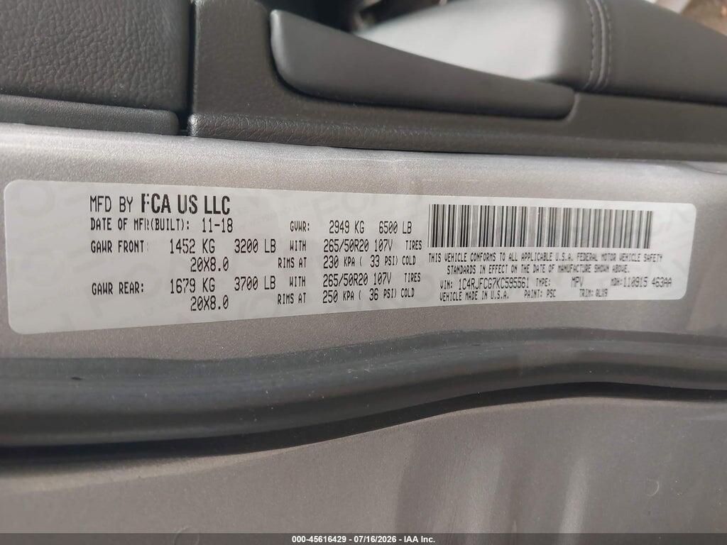 1C4RJFCG7KC595561 2019 JEEP GRAND CHEROKEE photo no. 9