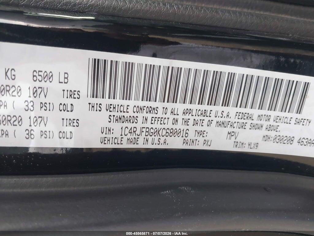 1C4RJFBG0KC680016 2019 JEEP GRAND CHEROKEE photo no. 9