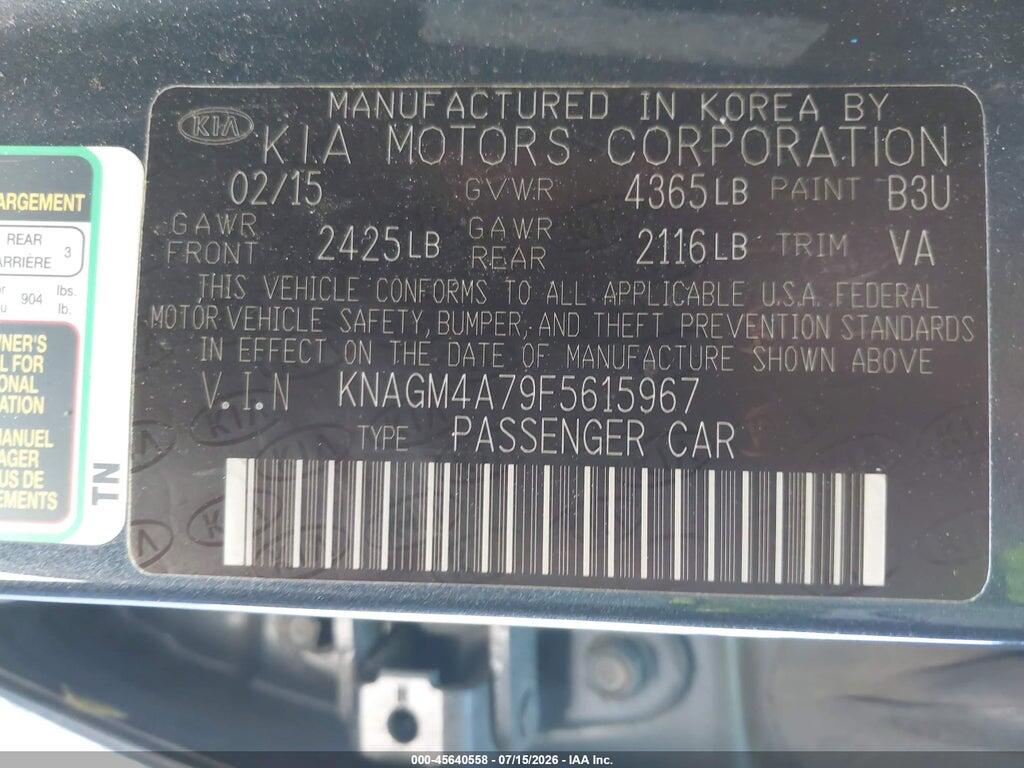 KNAGM4A79F5615967 2015 KIA OPTIMA photo no. 9