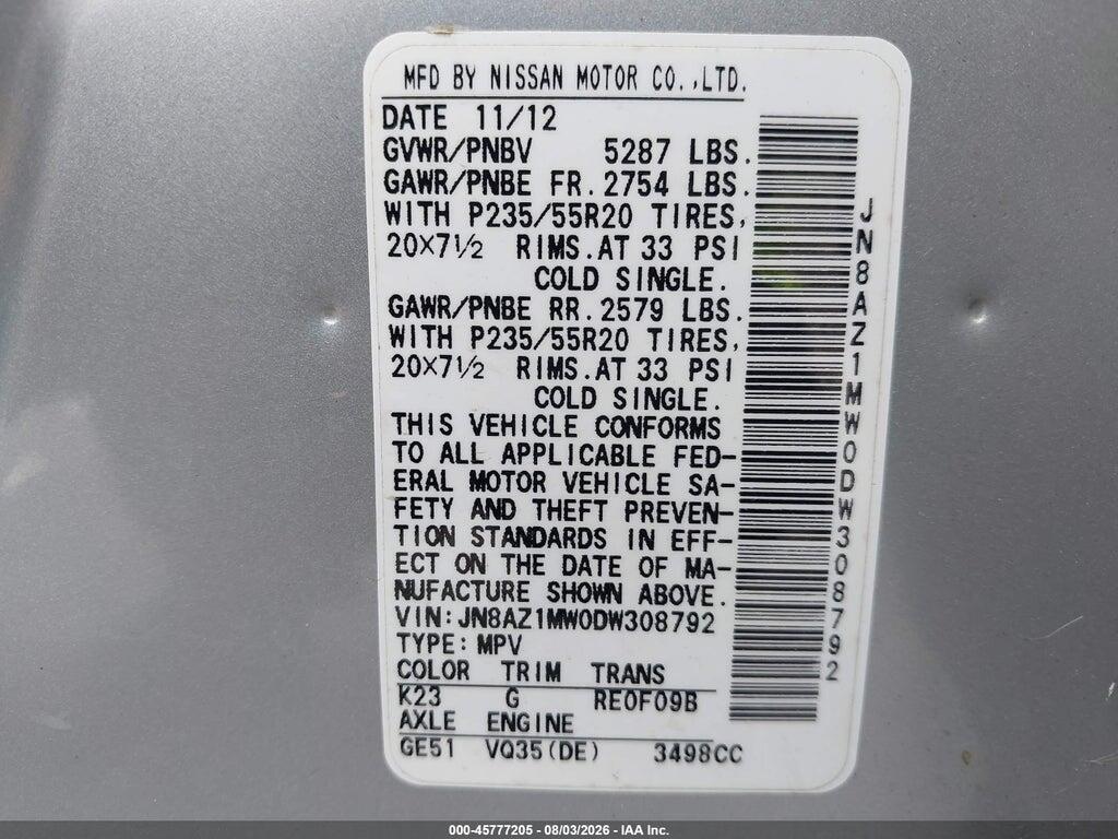 JN8AZ1MW0DW308792 2013 NISSAN MURANO photo no. 9