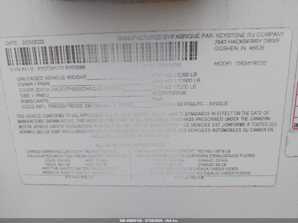 4YDT34127LB453596 2020 KEYSTONE OUTBACK photo no. 9