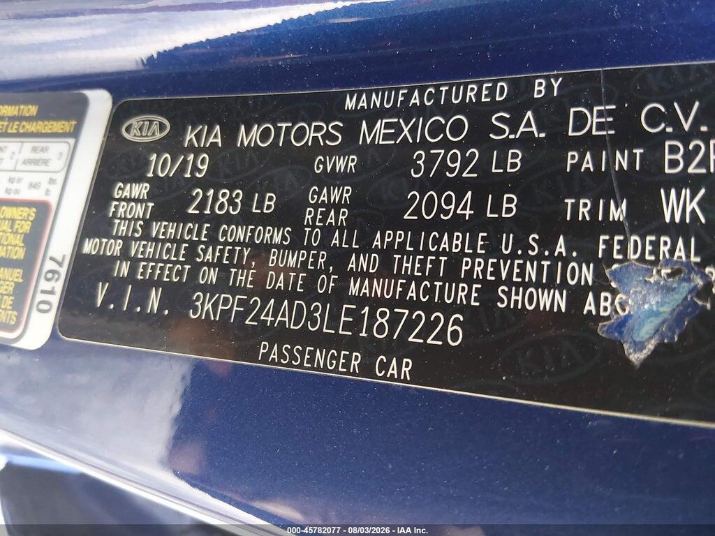 3KPF24AD3LE187226 2020 KIA FORTE photo no. 9