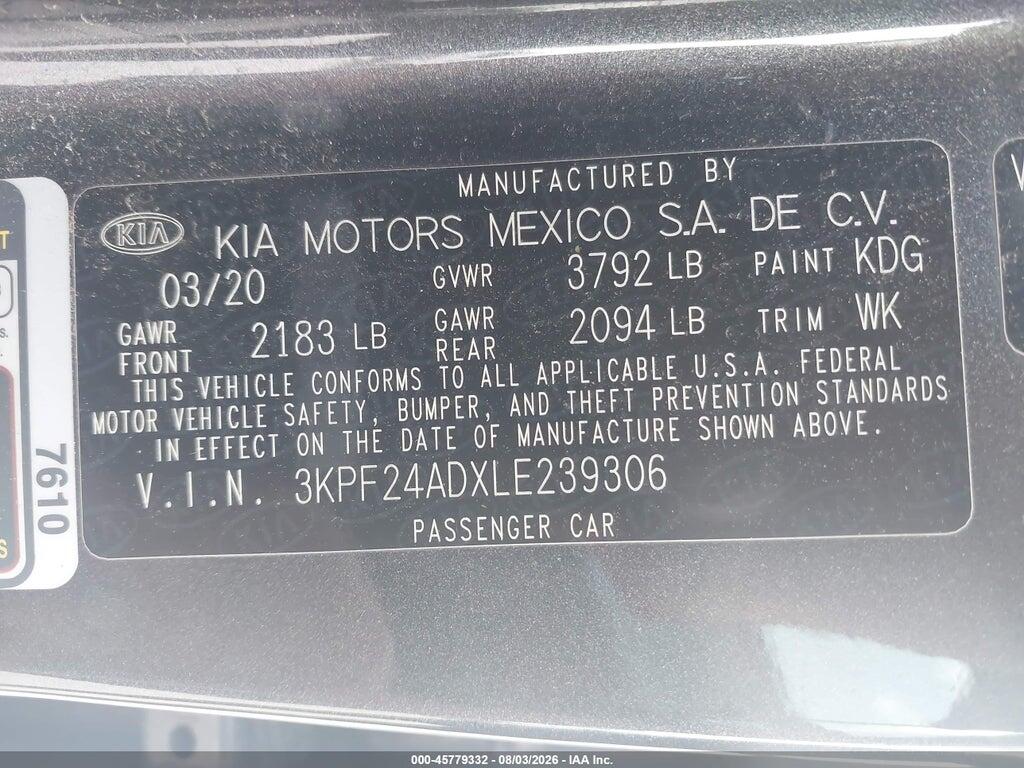 3KPF24ADXLE239306 2020 KIA FORTE photo no. 9