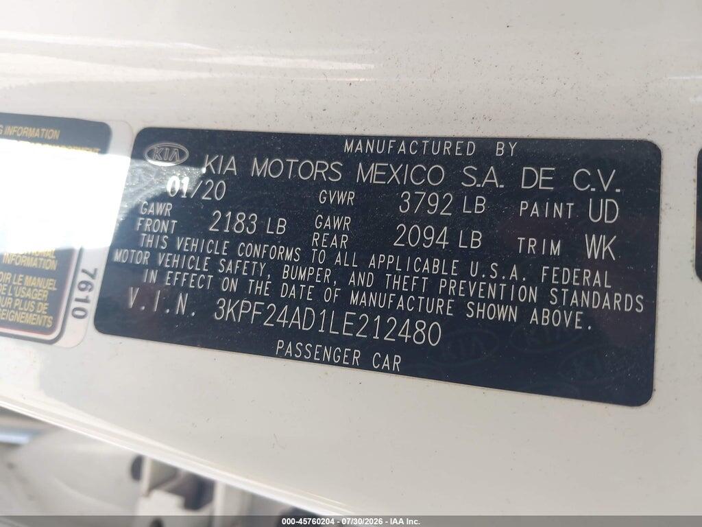 3KPF24AD1LE212480 2020 KIA FORTE photo no. 9