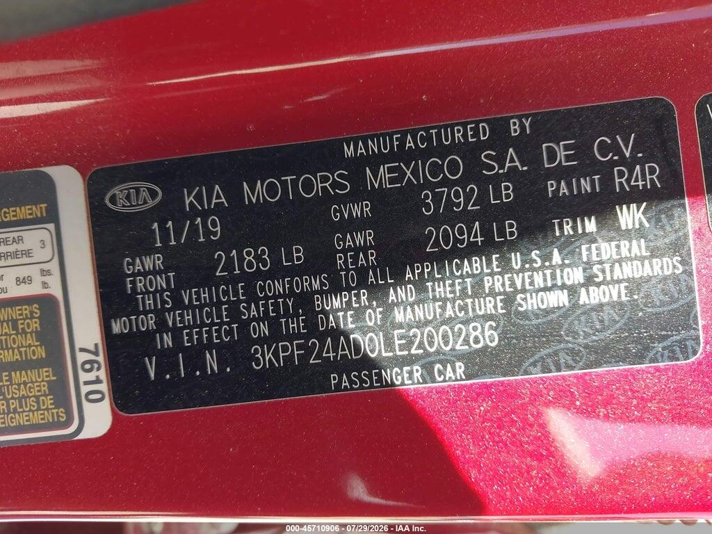 3KPF24AD0LE200286 2020 KIA FORTE photo no. 9
