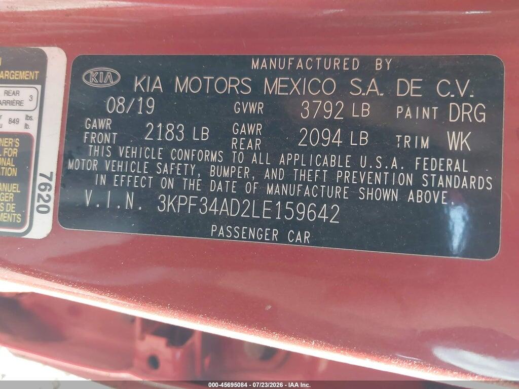 3KPF34AD2LE159642 2020 KIA FORTE photo no. 9