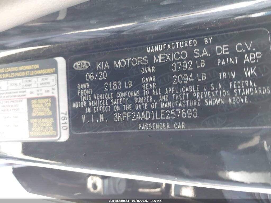 3KPF24AD1LE257693 2020 KIA FORTE photo no. 9