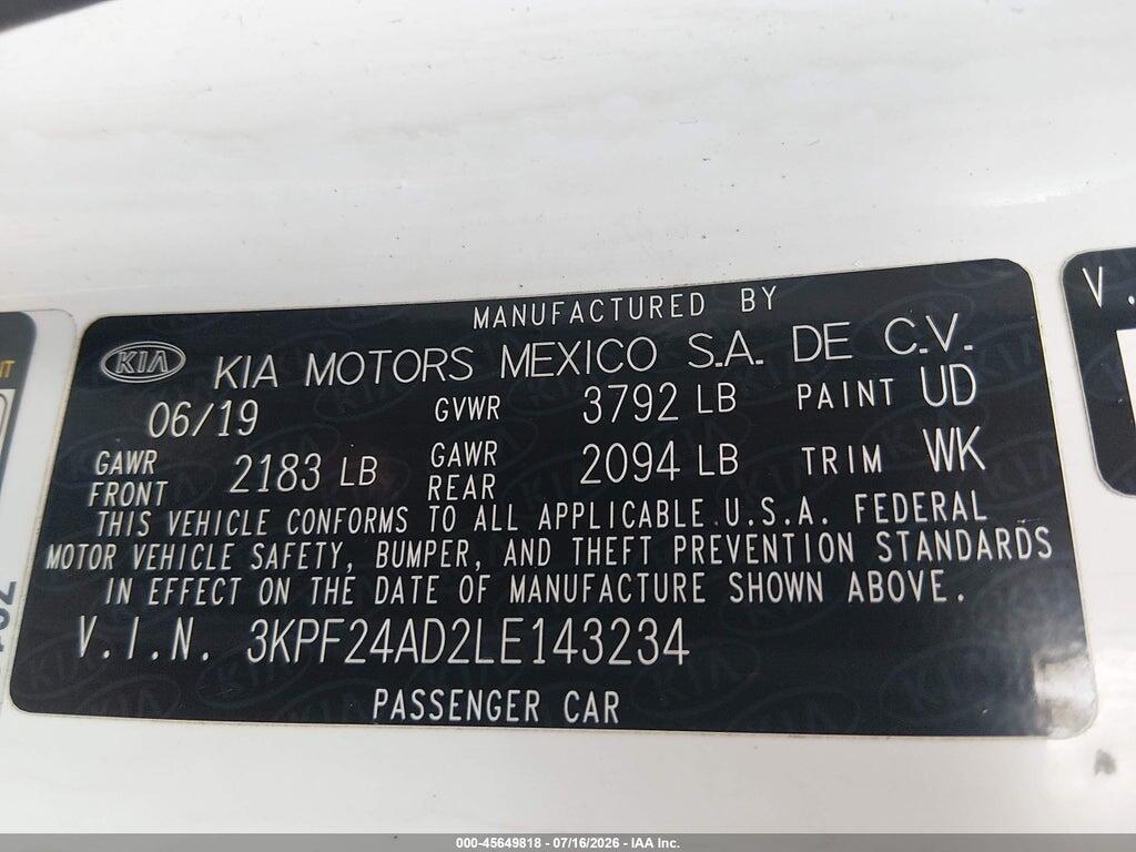 3KPF24AD2LE143234 2020 KIA FORTE photo no. 9