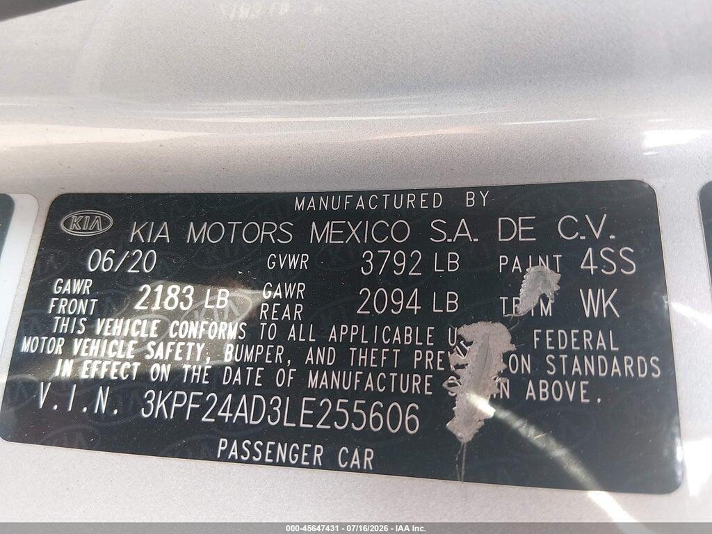 3KPF24AD3LE255606 2020 KIA FORTE photo no. 9