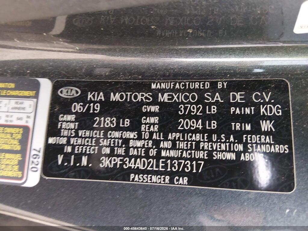 3KPF34AD2LE137317 2020 KIA FORTE photo no. 9
