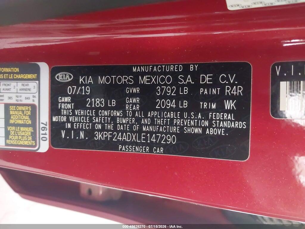 3KPF24ADXLE147290 2020 KIA FORTE photo no. 9