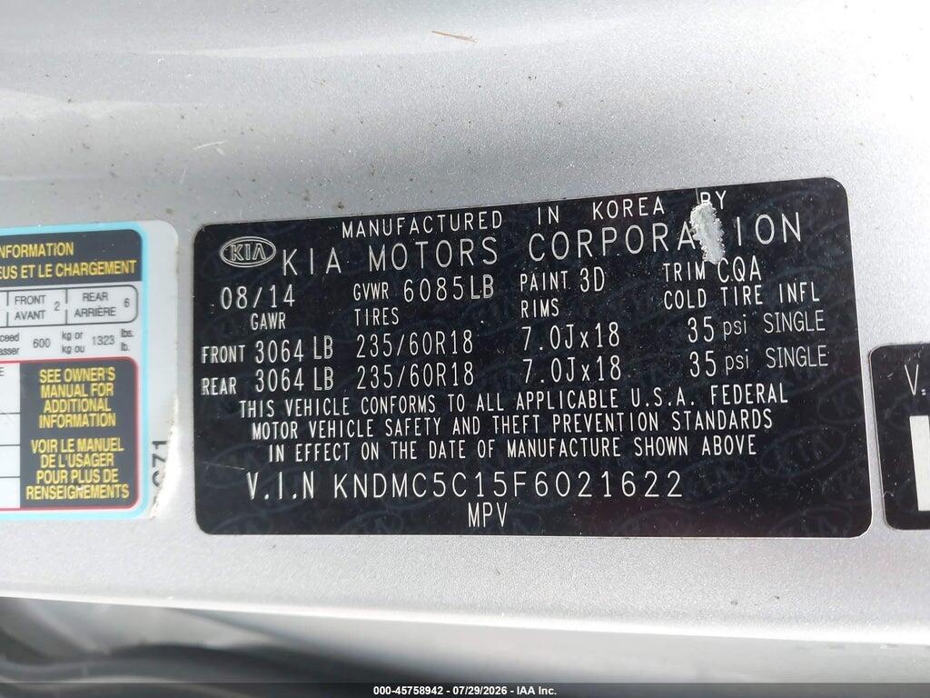 KNDMC5C15F6021622 2015 KIA SEDONA photo no. 9