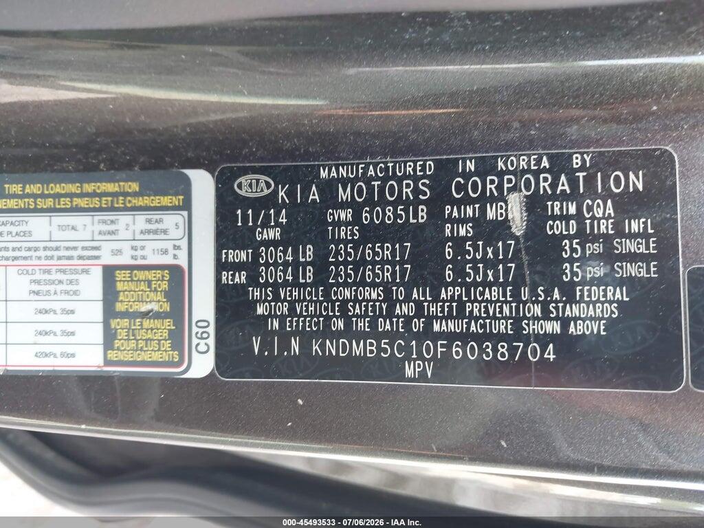 KNDMB5C10F6038704 2015 KIA SEDONA photo no. 9