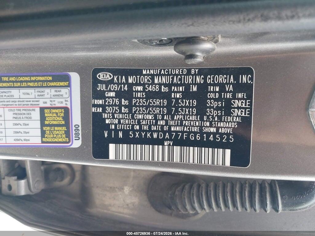 5XYKWDA77FG614525 2015 KIA SORENTO photo no. 9