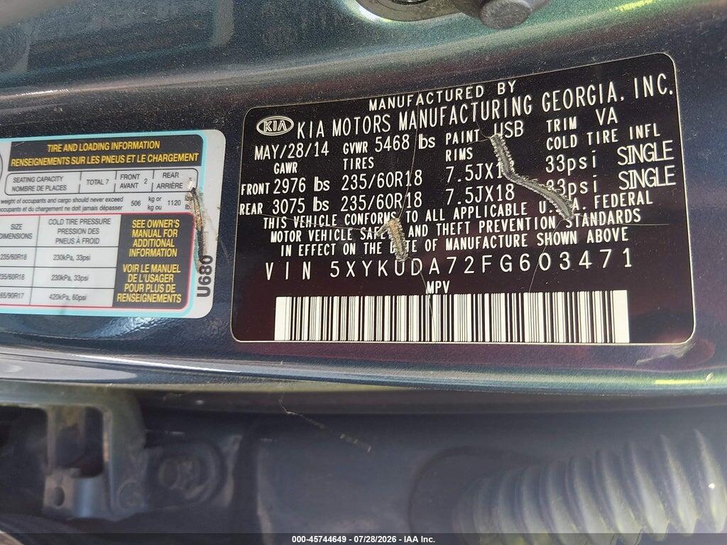 5XYKUDA72FG603471 2015 KIA SORENTO photo no. 9