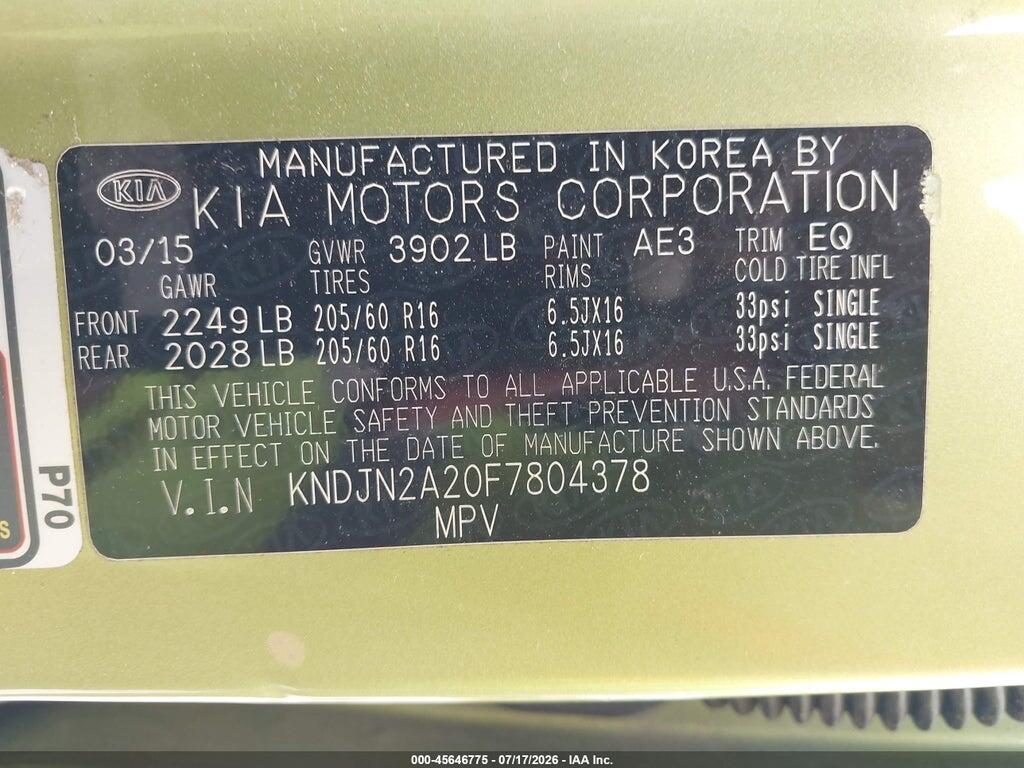 KNDJN2A20F7804378 2015 KIA SOUL photo no. 9