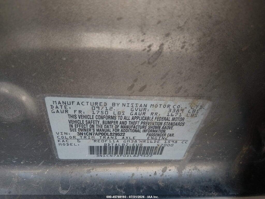 3N1CN7AP0DL829522 2013 NISSAN VERSA photo no. 9