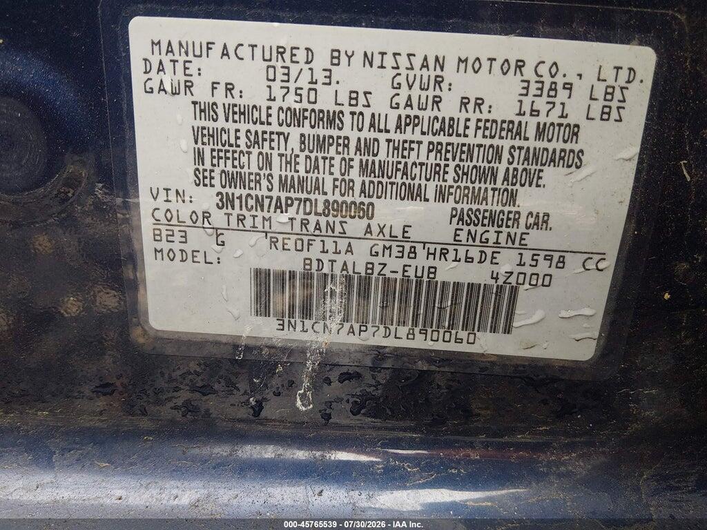 3N1CN7AP7DL890060 2013 NISSAN VERSA photo no. 9