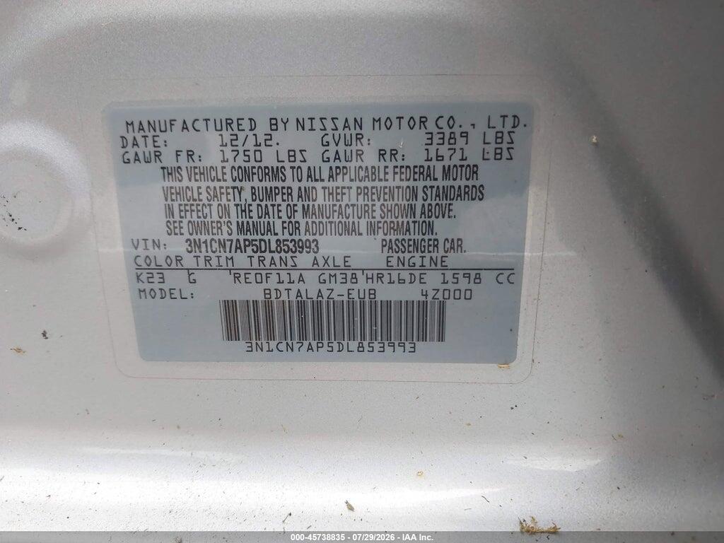 3N1CN7AP5DL853993 2013 NISSAN VERSA photo no. 9
