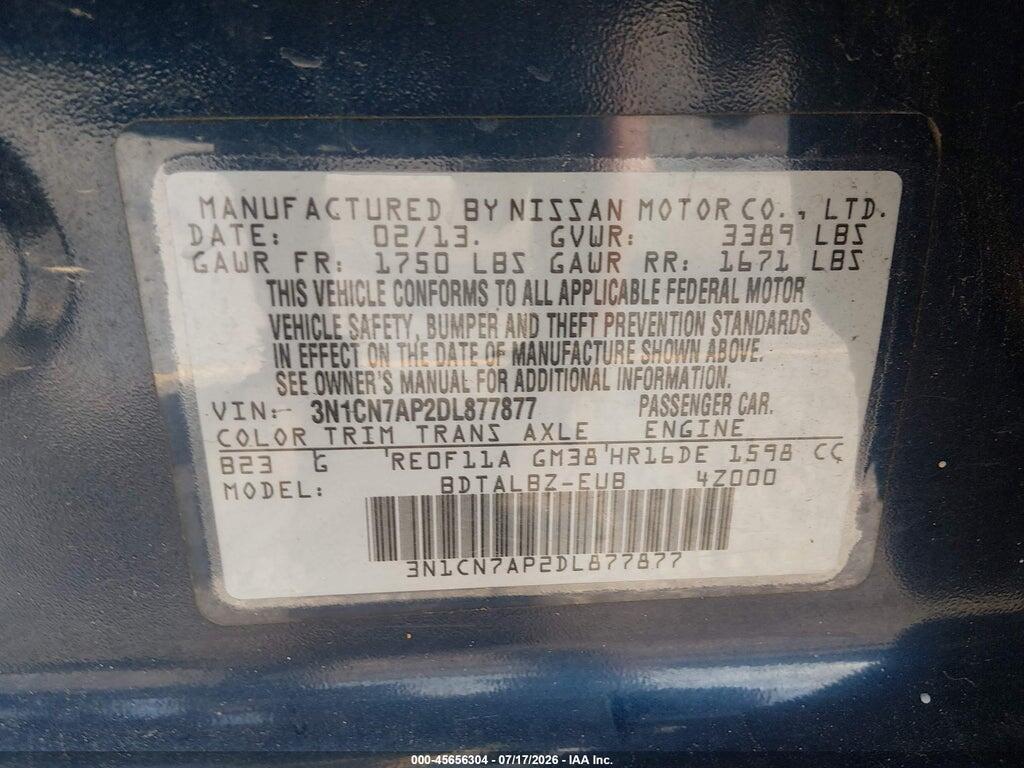 3N1CN7AP2DL877877 2013 NISSAN VERSA photo no. 9