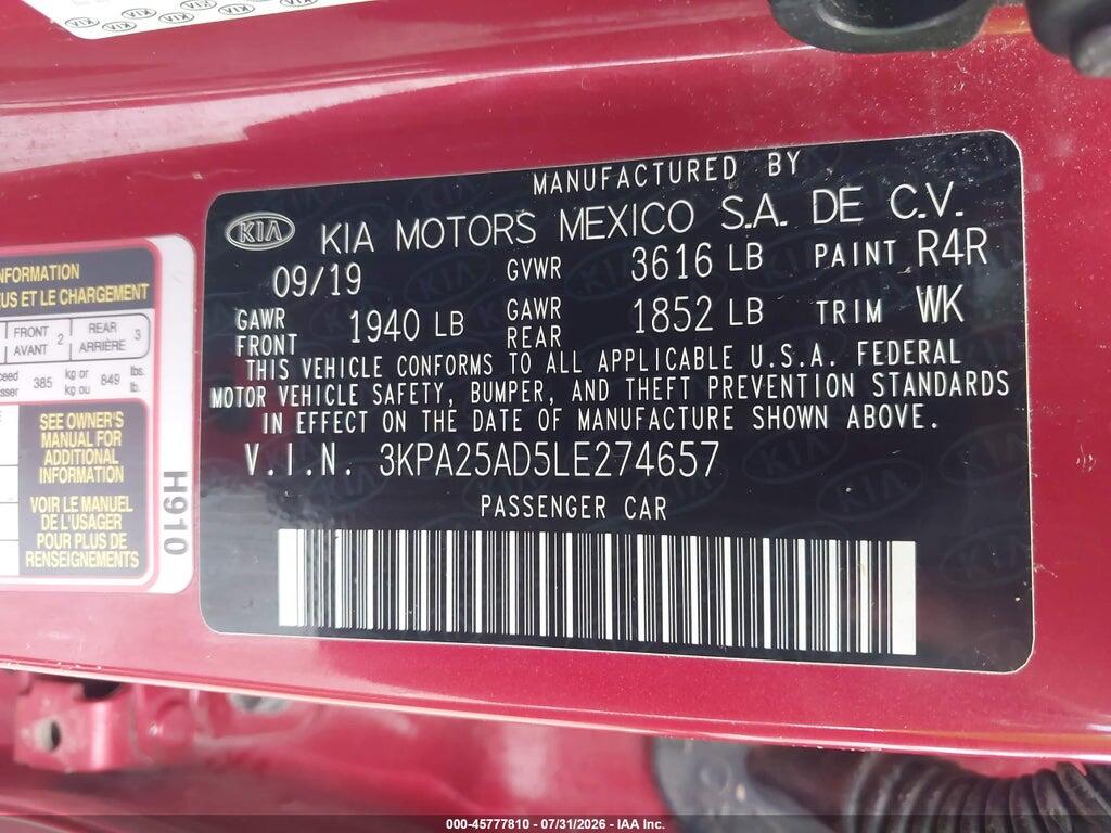 3KPA25AD5LE274657 2020 KIA RIO 5-DOOR photo no. 9