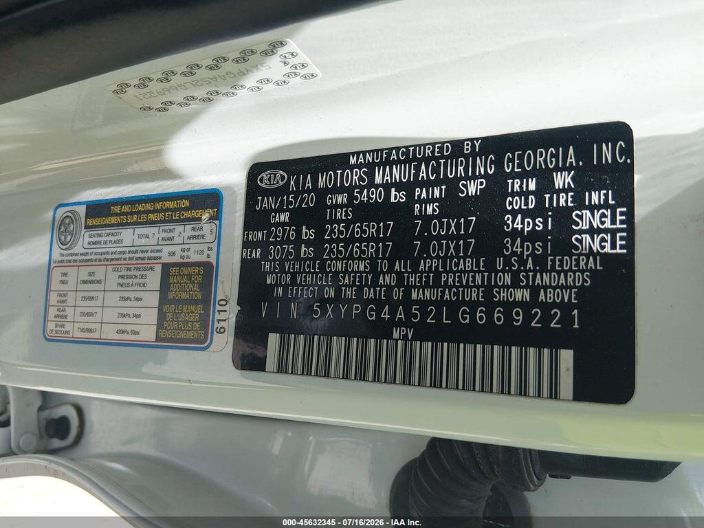 5XYPG4A52LG669221 2020 KIA SORENTO photo no. 9