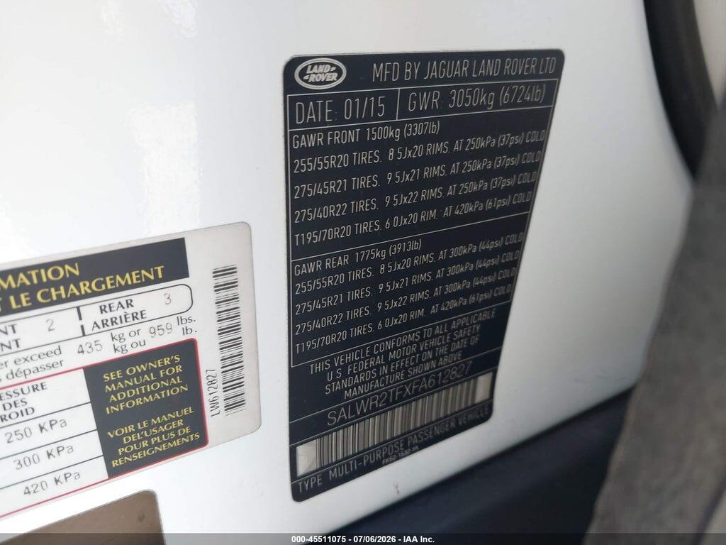 SALWR2TFXFA612827 2015 LAND ROVER RANGE ROVER SPORT photo no. 9