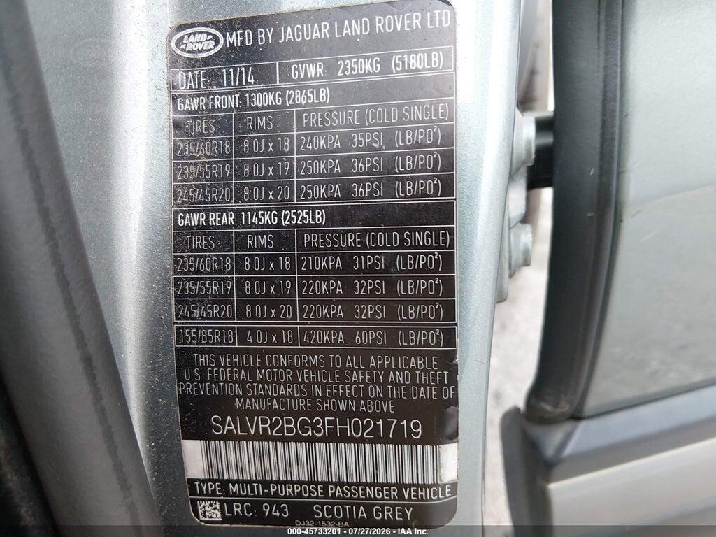 SALVR2BG3FH021719 2015 LAND ROVER RANGE ROVER EVOQUE photo no. 9